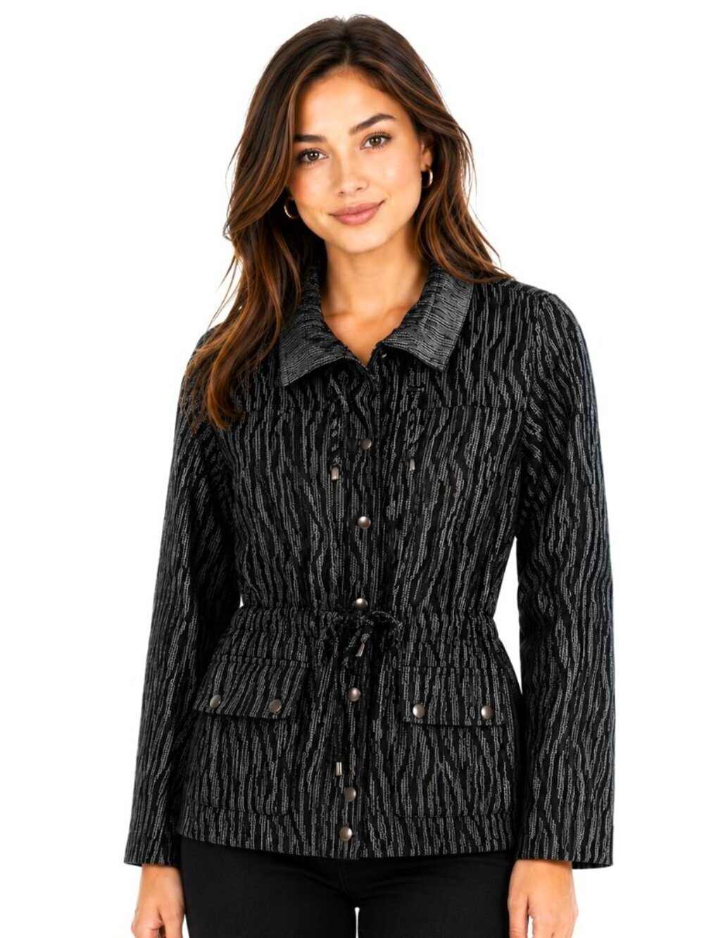 Ruby Rd Petite Black Silver Grey Cinch Neck Waist Jacket